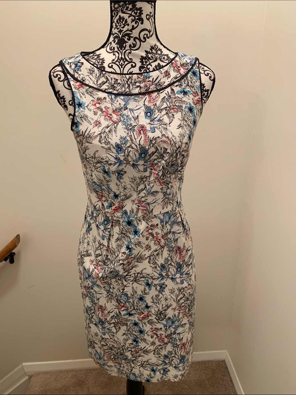 Ann Taylor White Floral Midi Sheath Dress with Blue and Pink Accents